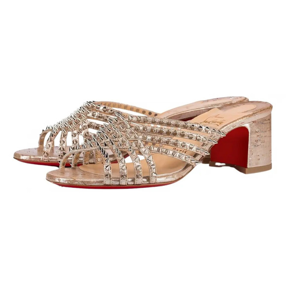 Christian Louboutin Marthaspike 55 Silver Open Sandal Mule Block Heel Pump 36.5 - Picture 1 of 12